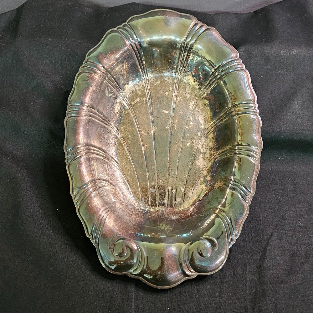 1847 Rogers Bros Neptune Serving Tray Scalloped 9" Oval IS 1970's Silver Plated